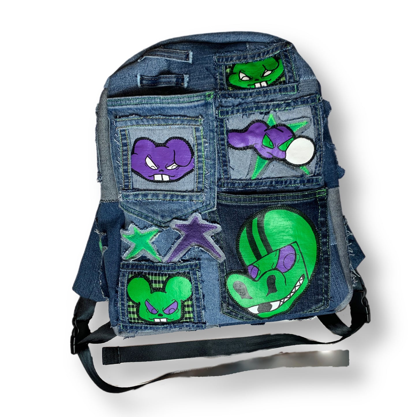 Patched Green Denim Backpack